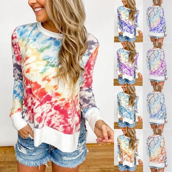 

2021 new outono tie dye roupas femininas tshirts moda retalhos manga longa camisa das mulheres s t o pescoo esttico feminino 6agm, White