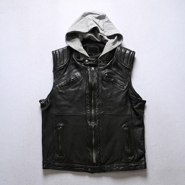 men's vests high natural quality lambskin motorcycle removable male body armor with sleeveless hood genuine leather casual jacket, Black;white
men's vests high natural quality lambskin motorcycle removable male body armor with sleeveless hood genuine leather casual jacket, Black;white