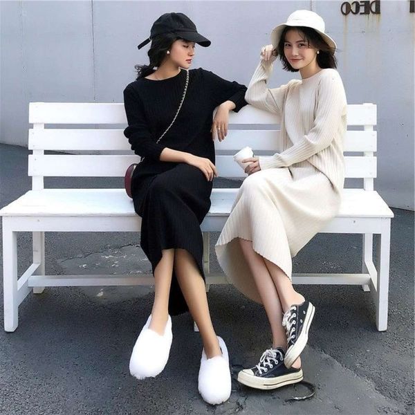 net red version loose thin medium long wool long sleeve bottomed knitted for women, White;black
net red version loose thin medium long wool long sleeve bottomed knitted for women, White;black