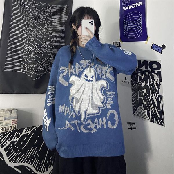 women's sweaters pullover loose oversized dark harajuku style ghost letter jacquard thickening couple retro knit sweater, White;black
women's sweaters pullover loose oversized dark harajuku style ghost letter jacquard thickening couple retro knit sweater, White;black