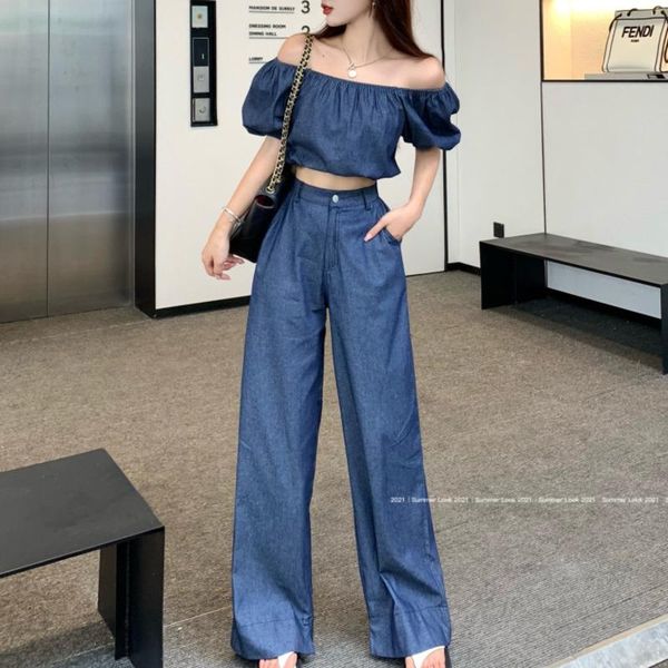 women's two piece pants slash neck bubble sleeve shirt women 2021 summer + straight wide leg denim suit females sweet set, White
women's two piece pants slash neck bubble sleeve shirt women 2021 summer + straight wide leg denim suit females sweet set, White