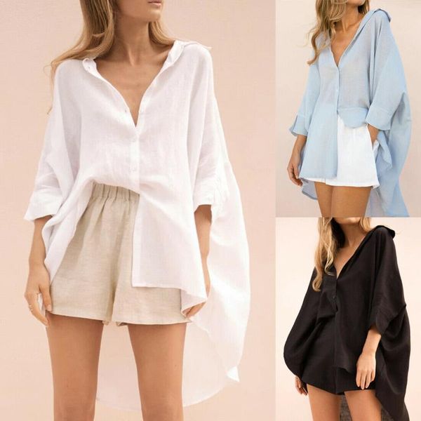 2021 women button shirt v-neck long sleeve loose solid blouse beach casual style lapel irregular office, White
2021 women button shirt v-neck long sleeve loose solid blouse beach casual style lapel irregular office, White