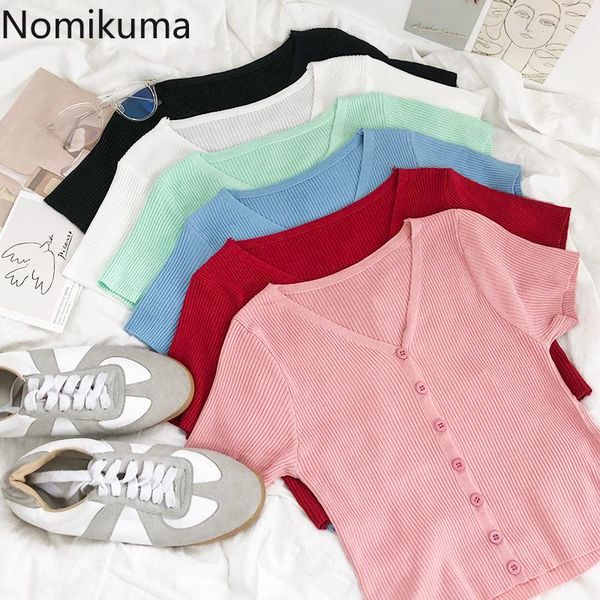 women's t-shirt nomikuma summer candy color basic women pit stripe v neck slim fit short sleeve knitted t shirt single breasted tshirt, White
women's t-shirt nomikuma summer candy color basic women pit stripe v neck slim fit short sleeve knitted t shirt single breasted tshirt, White