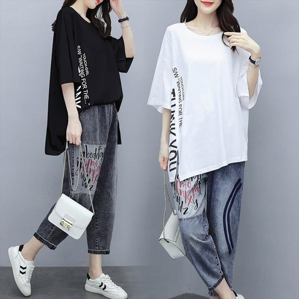 two piece suit summer womens pants round neck short sleeved nine point harlan jeans loose fashion female, White
two piece suit summer womens pants round neck short sleeved nine point harlan jeans loose fashion female, White