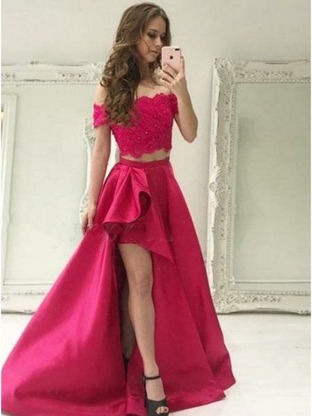 fuchsia two piece prom dresses with pockets boat neck off shoulder appliques short sleeves satin side split evening party gowns, Black;red
fuchsia two piece prom dresses with pockets boat neck off shoulder appliques short sleeves satin side split evening party gowns, Black;red