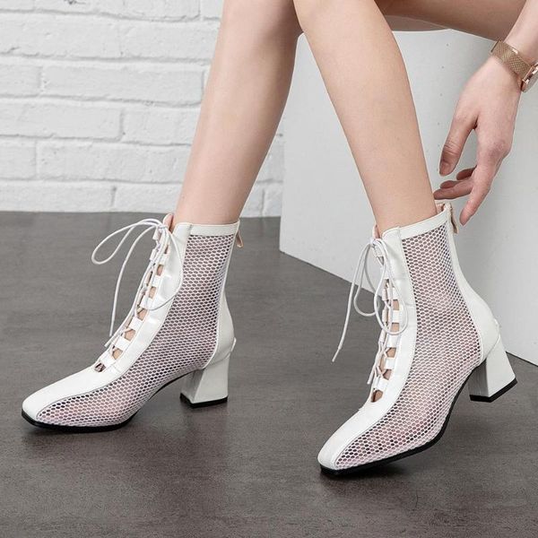 dress shoes elegant white summer boots square toe thick heels mesh cut out lace up woman casual cross tied bottes footwear, Black
dress shoes elegant white summer boots square toe thick heels mesh cut out lace up woman casual cross tied bottes footwear, Black