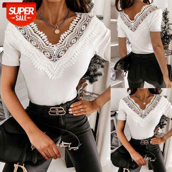 women summer t-shirts lace partchwork solid color hollow out design see through v-neck short sleeve slim street female #5y4n, White
women summer t-shirts lace partchwork solid color hollow out design see through v-neck short sleeve slim street female #5y4n, White