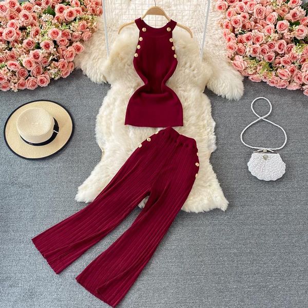 women's two piece pants fashion causal women sets buttons decorated halter neck knitted tank and wide leg one set, White
women's two piece pants fashion causal women sets buttons decorated halter neck knitted tank and wide leg one set, White