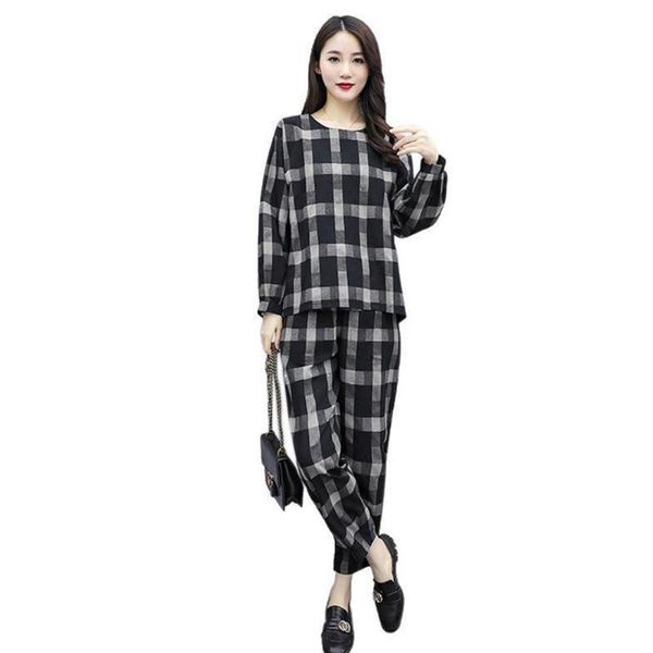 two piece dress yfashion women autumn suit fashion casual plaid long-sleeved shirt + pants outfit homewear, White
two piece dress yfashion women autumn suit fashion casual plaid long-sleeved shirt + pants outfit homewear, White