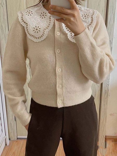 2021 new casual loose lace lapel long sleeve embroidered sweater knitwear women m76p, White;black
2021 new casual loose lace lapel long sleeve embroidered sweater knitwear women m76p, White;black