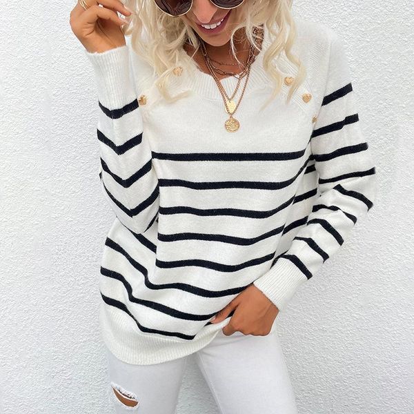 women's sweaters 2021 autumn and winter casual loose buttons striped stitching knit sweater pullover shoulder button women, White;black
women's sweaters 2021 autumn and winter casual loose buttons striped stitching knit sweater pullover shoulder button women, White;black