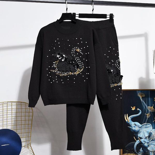 women's two piece pants fashion white black knitted tracksuit outfits women loose beading embroidery sweater long pencil knit set femal
women's two piece pants fashion white black knitted tracksuit outfits women loose beading embroidery sweater long pencil knit set femal