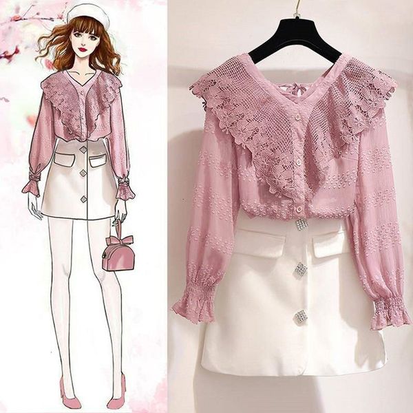2021 new spring women fashion 2 two piece set female single breasted lace blouse + skirt sets ensemble femme vintage slim tracksuit 57xd7c, Black;gray
2021 new spring women fashion 2 two piece set female single breasted lace blouse + skirt sets ensemble femme vintage slim tracksuit 57xd7c, Black;gray