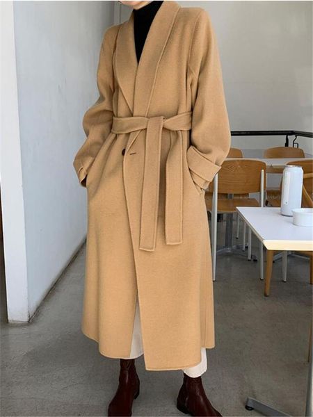 women's wool & blends 2021 woolen long coat korean style minimalism sleeve pockets solid color casual outwear female, Black
women's wool & blends 2021 woolen long coat korean style minimalism sleeve pockets solid color casual outwear female, Black