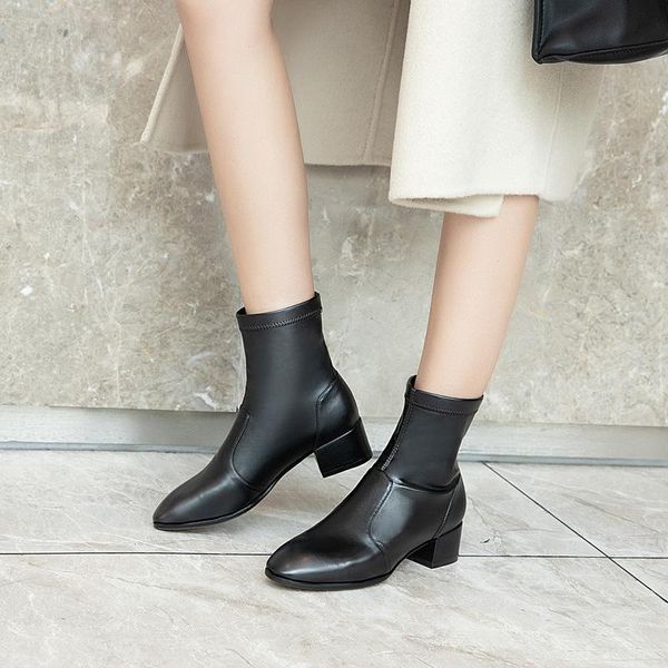 boots 2021 shoes women sneakers casual female round toe flock mid black thick heel pu woman boot