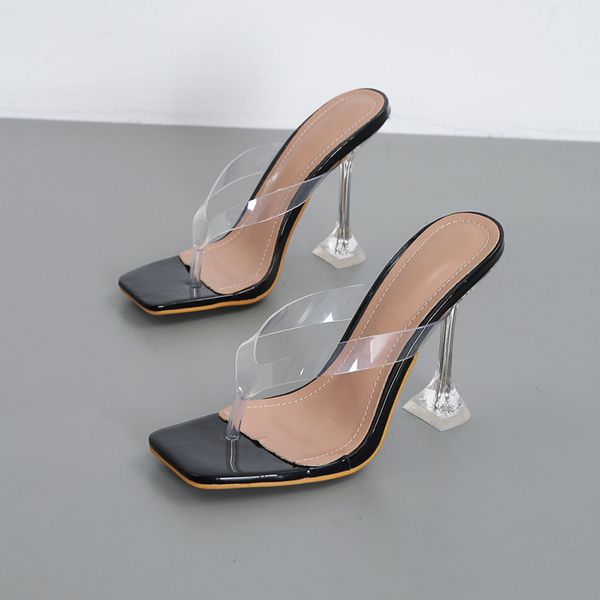 2021 new designer pvc transparent female slippers sandals women high heels summer party ladies clear flip flops shoes, Black