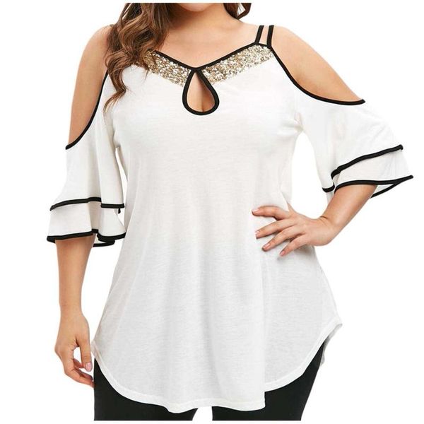 women's t-shirt plus size shirt summer casual strap leaky shoulder sequined short-sleeved, White
women's t-shirt plus size shirt summer casual strap leaky shoulder sequined short-sleeved, White
