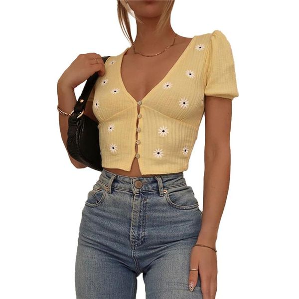 women's t-shirt summer ladies printed crop women daisy embroidery v-neck short sleeve single-breasted for dating vacation, White
women's t-shirt summer ladies printed crop women daisy embroidery v-neck short sleeve single-breasted for dating vacation, White