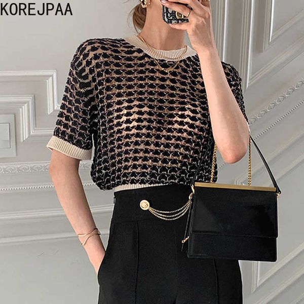 korejpaa women t-shirt summer retro temperament round neck trim contrast color hollow perspective short-sleeved sweater 210526, White
korejpaa women t-shirt summer retro temperament round neck trim contrast color hollow perspective short-sleeved sweater 210526, White