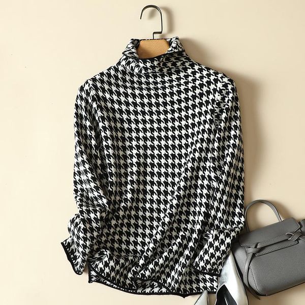 women's sweaters high collar fashion autumn winter 2021 loose knit thousand bird check long sleeve pullover sweater, White;black
women's sweaters high collar fashion autumn winter 2021 loose knit thousand bird check long sleeve pullover sweater, White;black