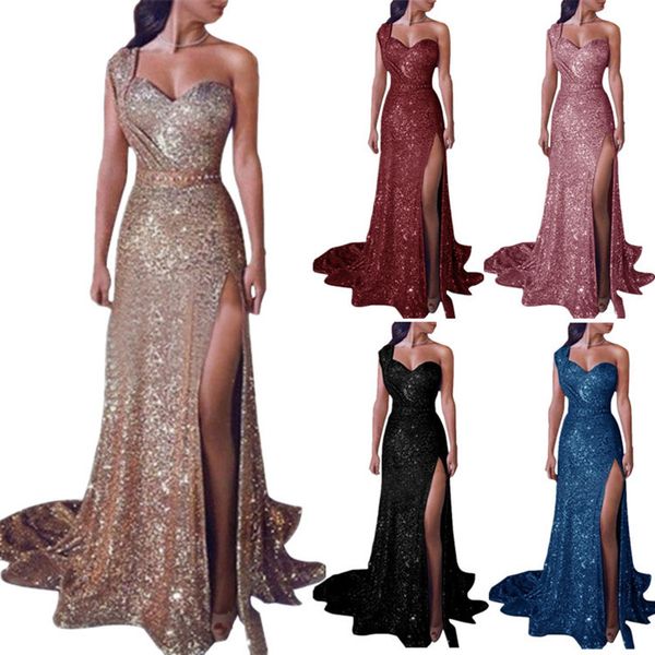 european and american women's one shoulder sleeveless gold evening dress split skirt, White;black
european and american women's one shoulder sleeveless gold evening dress split skirt, White;black