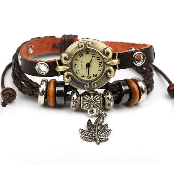 wristwatches leather bracelet watch vintage beaded pendant, Slivery;brown 
wristwatches leather bracelet watch vintage beaded pendant, Slivery;brown