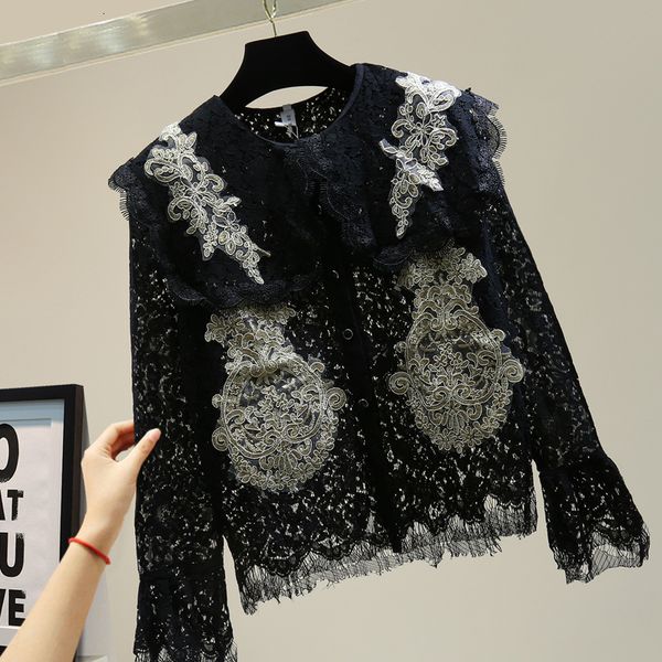 women's and blouses hollow black embroidered 2021 lace shirt loose borla longsleeve doll turtleneck 8sxk