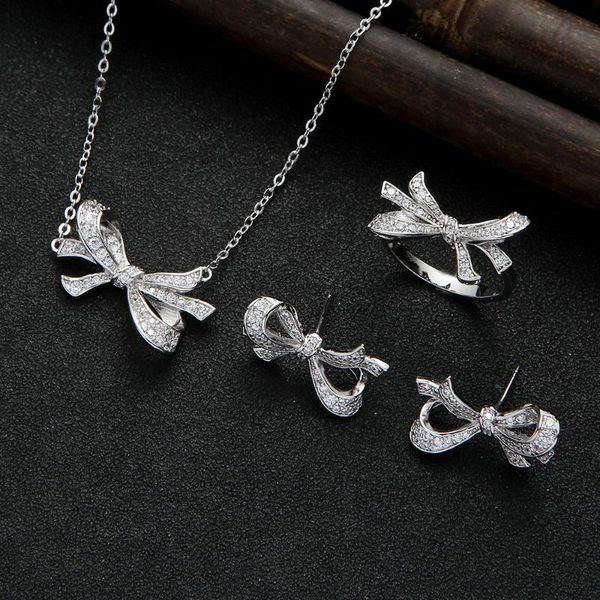 earrings & necklace luxury bowknot cubic zirconia clear earring ring set fashion style wedding bridal jewelry d1515, Silver
earrings & necklace luxury bowknot cubic zirconia clear earring ring set fashion style wedding bridal jewelry d1515, Silver