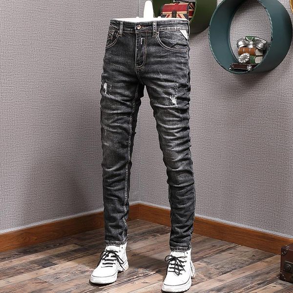 men's jeans european vintage fashion men elastic slim fit ripped retro black gray designer casual denim pants, Blue
men's jeans european vintage fashion men elastic slim fit ripped retro black gray designer casual denim pants, Blue
