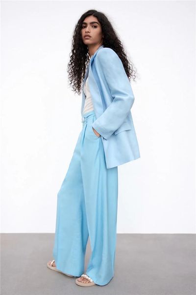 women's two piece pants blue set long blazers coat and autumn office sets clothes loose, White
women's two piece pants blue set long blazers coat and autumn office sets clothes loose, White