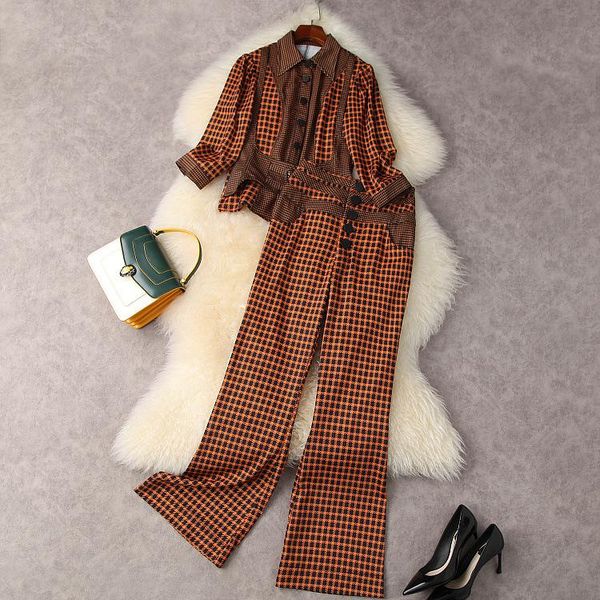 women's two piece pants european and american wear for summer 2021 shirt with three-quarter sleeves checked flared trousers fashion sui, White
women's two piece pants european and american wear for summer 2021 shirt with three-quarter sleeves checked flared trousers fashion sui, White