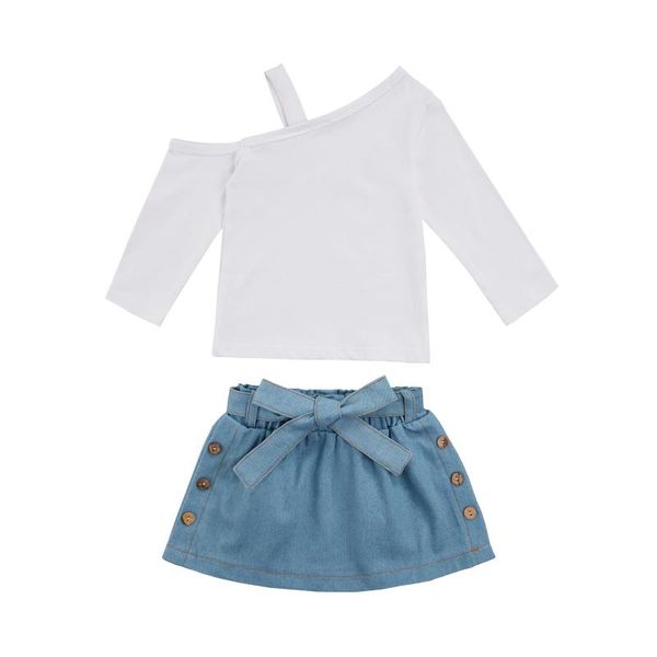 clothing sets baby girl denim skirt, single shoulder long sleeve loose waist band blue half dress, White
clothing sets baby girl denim skirt, single shoulder long sleeve loose waist band blue half dress, White