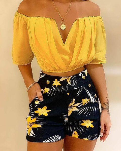 2021 summer women's new clothes off shoulder tropical print shorts sethigh quality, Blue
2021 summer women's new clothes off shoulder tropical print shorts sethigh quality, Blue