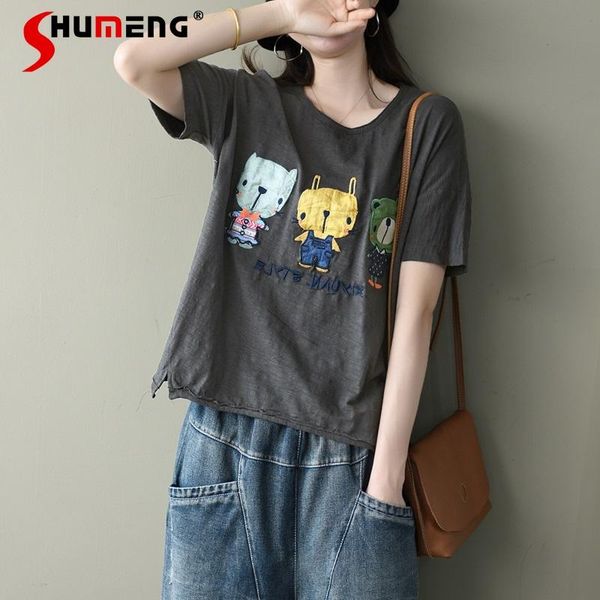 women's t-shirt 2021 summer cartoon art patch short-sleeved ladies round neck loose split swing women tee cotton fashion pullover, White
women's t-shirt 2021 summer cartoon art patch short-sleeved ladies round neck loose split swing women tee cotton fashion pullover, White