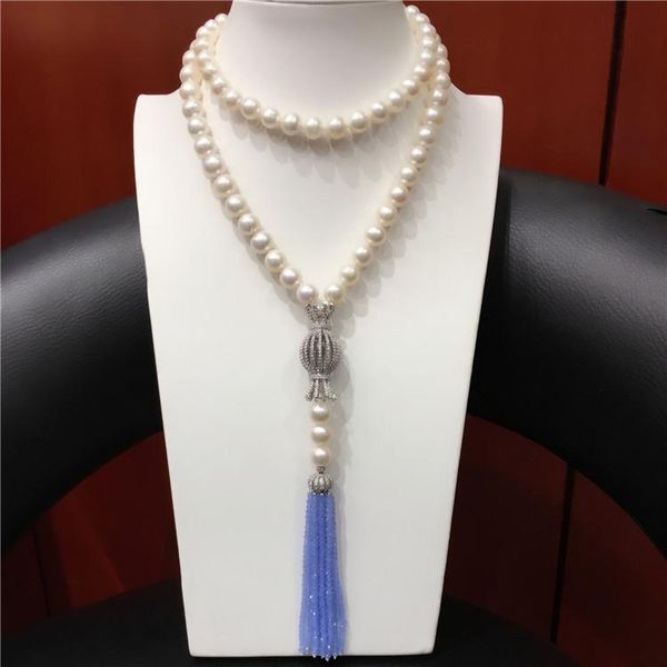 chains hand knotted 75+15cm 8-9mm white freshwater pearl micro inlay zircon clasp blue glass tassel necklace fashion jewelry, Silver
chains hand knotted 75+15cm 8-9mm white freshwater pearl micro inlay zircon clasp blue glass tassel necklace fashion jewelry, Silver