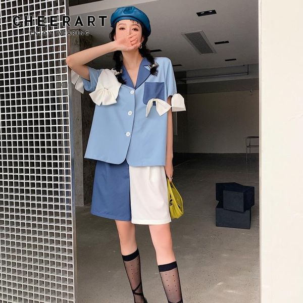 women's suits & blazers cheerart color block blue short sleeve blazer suit women summer jacket designer casual and set high fashion 202, White;black
women's suits & blazers cheerart color block blue short sleeve blazer suit women summer jacket designer casual and set high fashion 202, White;black