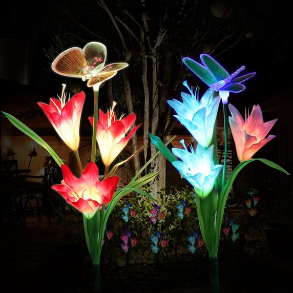2021 new 2 past led solar flower lily butterfly dragoy garden 7 colour change lighting 3 light head of lawn decoration dh4j