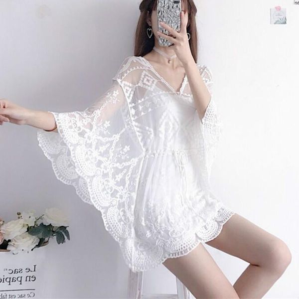 women's blouses & shirts summer holiday women batwing sleeve long lace tunics lady embroidery hollow out female bikini overall smocks, White
women's blouses & shirts summer holiday women batwing sleeve long lace tunics lady embroidery hollow out female bikini overall smocks, White
