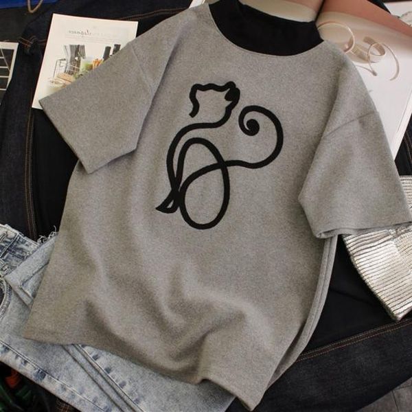 women's t-shirt embroidery kitten color matching half high collar loose short sleeve for spring and summer 2021 fashion, White
women's t-shirt embroidery kitten color matching half high collar loose short sleeve for spring and summer 2021 fashion, White