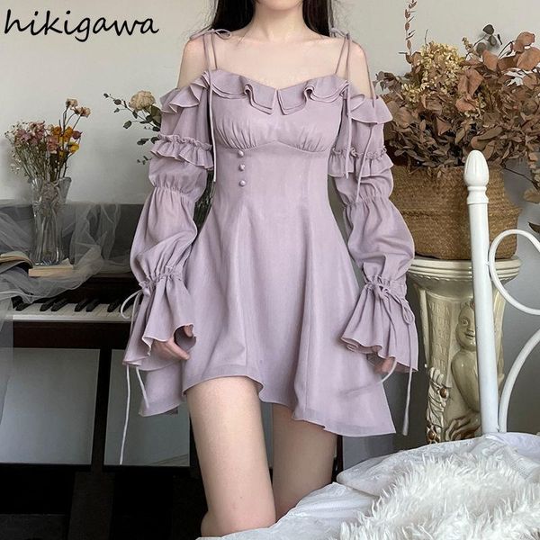 casual dresses hikigawa japanese woman dress bandage ruffles sweet robe slim mini slash neck flare sleeve off shoulder vestidos, Black;gray 
casual dresses hikigawa japanese woman dress bandage ruffles sweet robe slim mini slash neck flare sleeve off shoulder vestidos, Black;gray