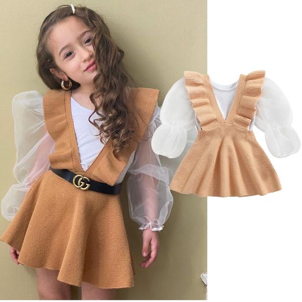 clothing sets 2pcs little girl\u2021s skirt clothes autumn fashion solid color long sleeve mesh yarn and knitted suspender, White
clothing sets 2pcs little girl\u2021s skirt clothes autumn fashion solid color long sleeve mesh yarn and knitted suspender, White