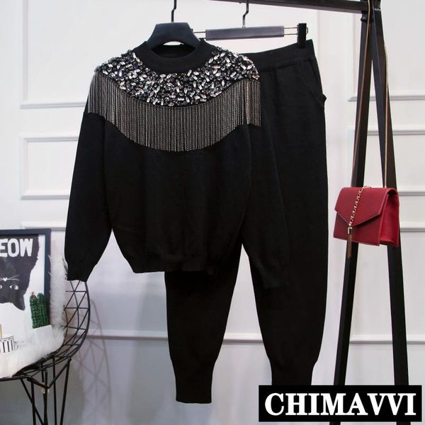 women's two piece pants winter knit 2 set round neck rhinestone tassel sweater knitted female plus size, White 
women's two piece pants winter knit 2 set round neck rhinestone tassel sweater knitted female plus size, White