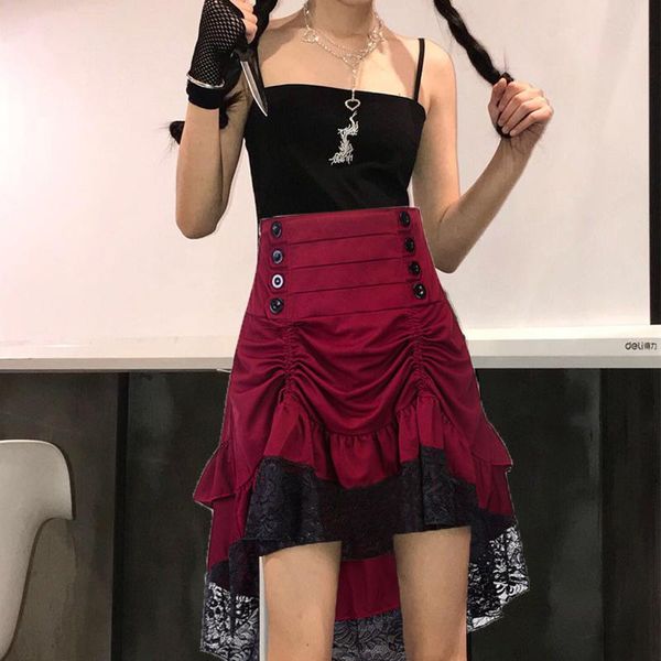 skirts high waist patchwork double breasted button string lace cascading ruffles midi long gothic elegant women skirt plus size, Black 
skirts high waist patchwork double breasted button string lace cascading ruffles midi long gothic elegant women skirt plus size, Black