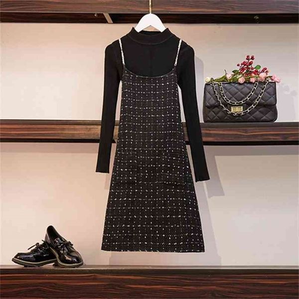 women spring black sweater + sling tweed dress 2 piece set suits long sleeved plaid wool 2pcs casual 210603, White
women spring black sweater + sling tweed dress 2 piece set suits long sleeved plaid wool 2pcs casual 210603, White