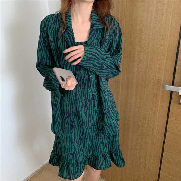 2021 summer suspender nightdrs + blazer et pajamas long skirt housewear, Black;gray