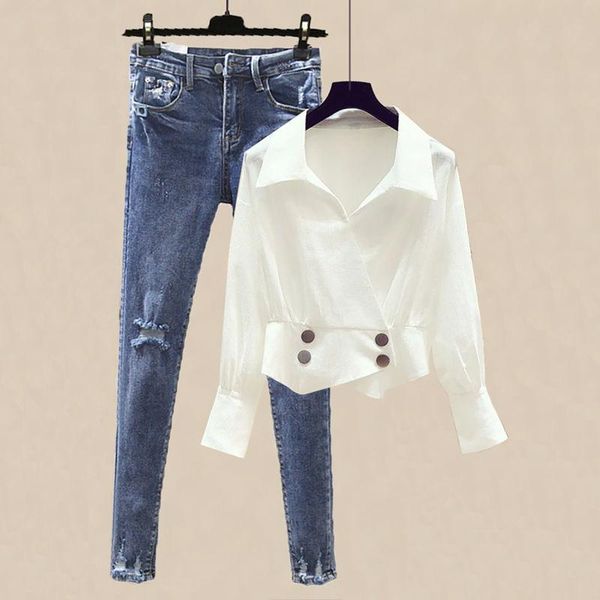 women's two piece pants women 2021 spring fashion suits female short solid color shirts ladies high waist holes pencil jeans sets p211, White
women's two piece pants women 2021 spring fashion suits female short solid color shirts ladies high waist holes pencil jeans sets p211, White