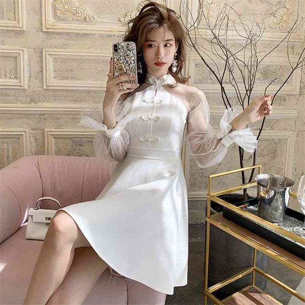 white dress for women summer korea long sleeve stand lace vintage sundress ladies office party dresses 210602, Black;gray
white dress for women summer korea long sleeve stand lace vintage sundress ladies office party dresses 210602, Black;gray