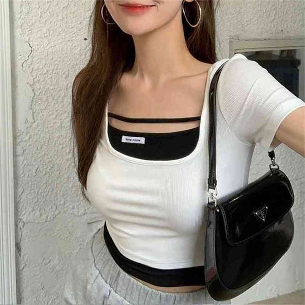 white short-sleeved t-shirt women's summer vacation two-piece stitching square collar short tight bottoming shirt 210529
white short-sleeved t-shirt women's summer vacation two-piece stitching square collar short tight bottoming shirt 210529
