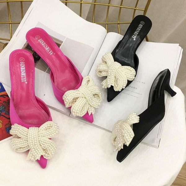 slippers summer the women fashion party satin string bead bow half outside thin heels pointed med (3cm-5cm), Black
slippers summer the women fashion party satin string bead bow half outside thin heels pointed med (3cm-5cm), Black