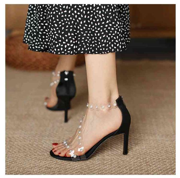 and spring summer style pearl transparent word sandals with back zipper women round toe stiletto high heels, Black
and spring summer style pearl transparent word sandals with back zipper women round toe stiletto high heels, Black